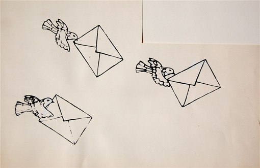 "Birds carrying envelopes"
